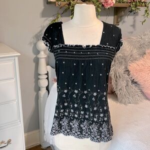 Babydoll Top Black Floral Gauzy Smocked Ruffle Sleeve Girl Large Womens XS Small